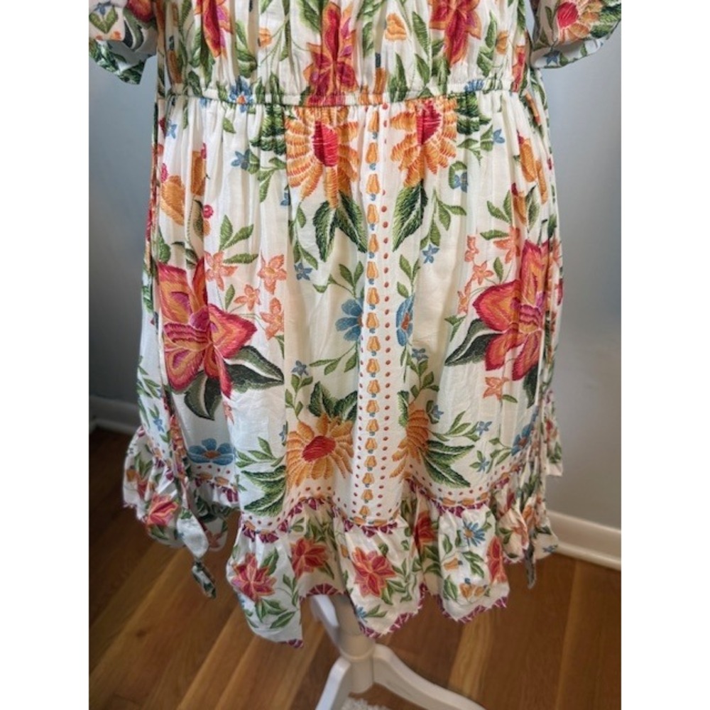Farm Rio Bloom Garden Mini Dress S Off-White Floral Smocked Puff Sleeve NWT - Picture 5 of 11